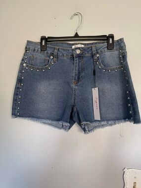 Vigoss Blue Studded Frayed Hem Denim Shorts